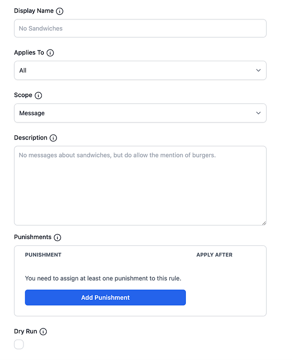 The image displays a user interface for setting up conditional punishments related to messaging rules.