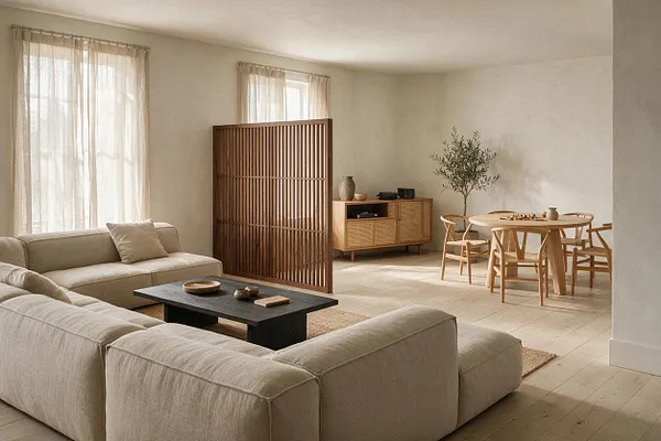 A calm Japandi-style game room with a large beige sectional sofa in the foreground, a low black coffee table, and a round wooden game table with matching chairs to the right. Sheer curtains filter soft daylight through tall windows, while a vertical wood slat divider and woven cabinet add warmth and texture.