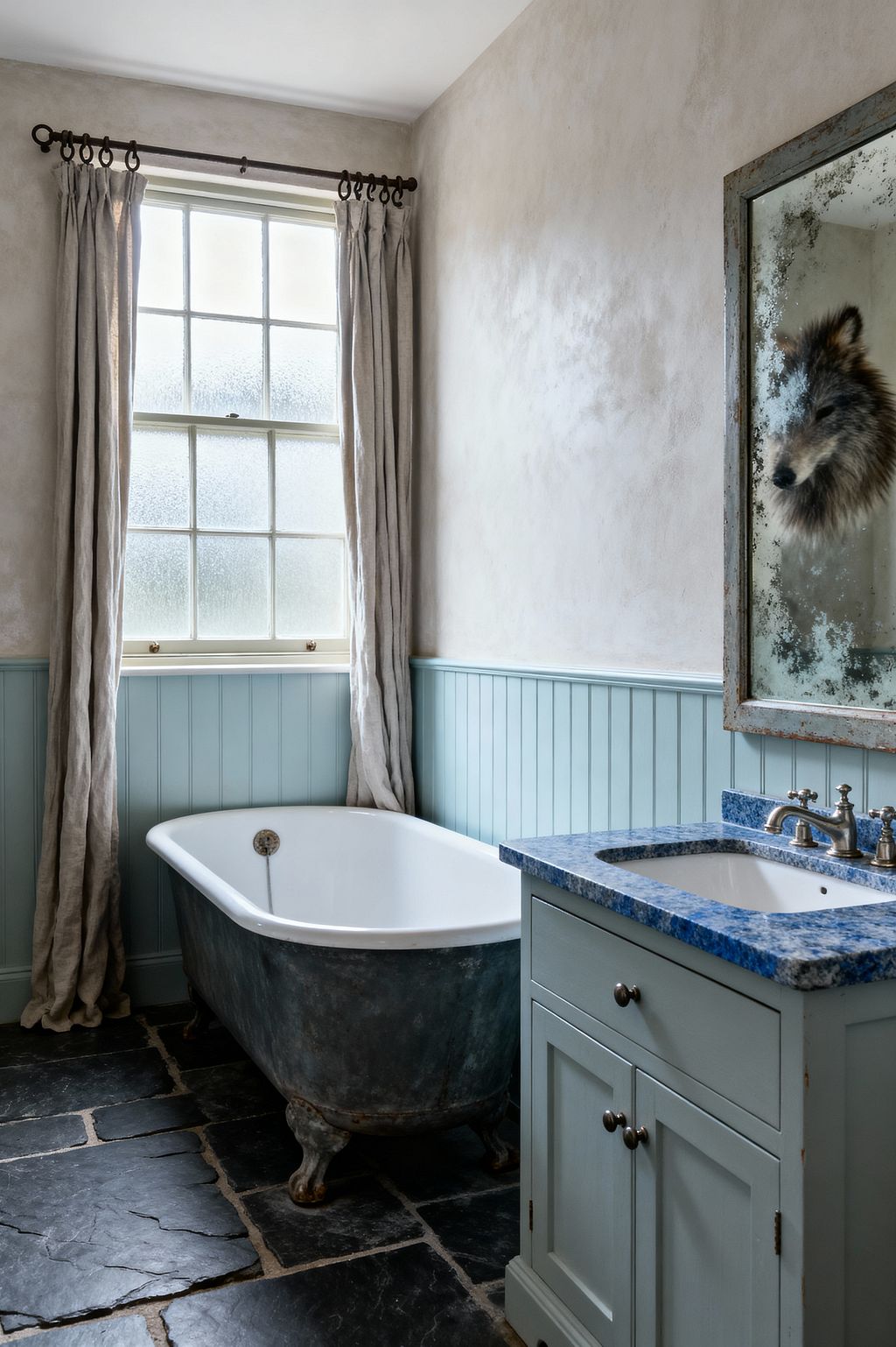 A compact farmhouse bathroom with a weathered clawfoot tub beneath a frosted-pane sash window framed by long natural-linen curtains. Pale blue beadboard wainscoting meets warm off-white plaster walls. At right, a light blue Shaker-style vanity with a speckled blue stone countertop and antique brass faucet sits below a distressed framed mirror, while dark charcoal slate flagstones ground the space and emphasize the room’s soft, timeworn palette.