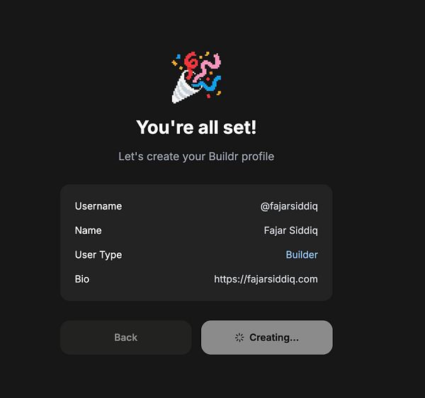 The image displays a user interface for creating a Buildr profile.