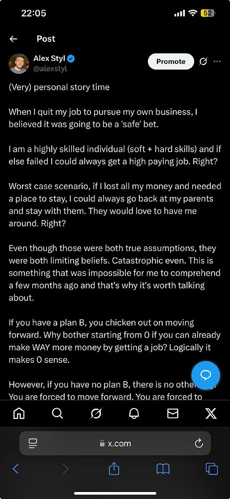 A personal story shared by Alex Styl about pursuing entrepreneurship without a backup plan.