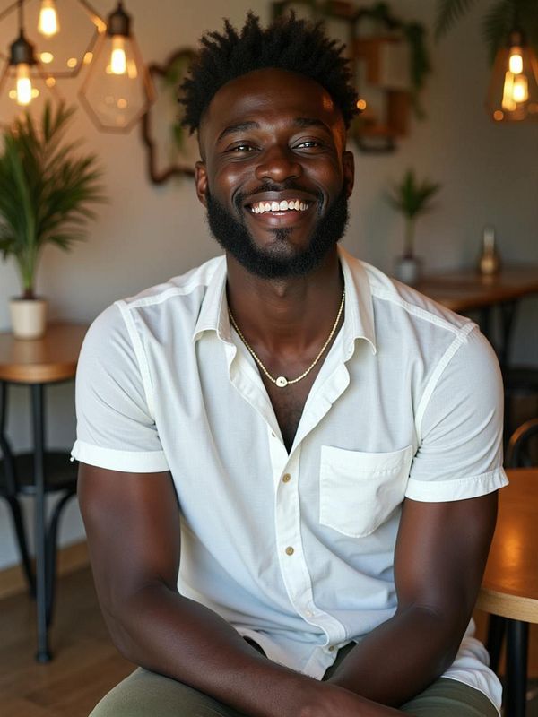 A smiling man with a beard is seated in a cozy café setting, surrounded by warm lighting and greenery.