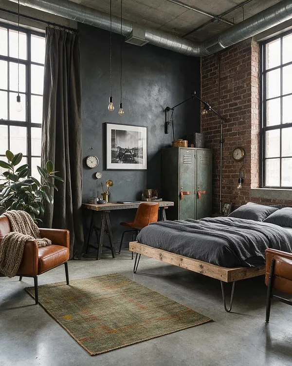 A moody industrial guest bedroom with exposed brick, dark plaster walls, large factory-style windows, and visible metal ductwork overhead. The room includes a low wood bed with charcoal bedding, a vintage locker cabinet, a small work desk, leather chairs, and warm pendant bulbs.