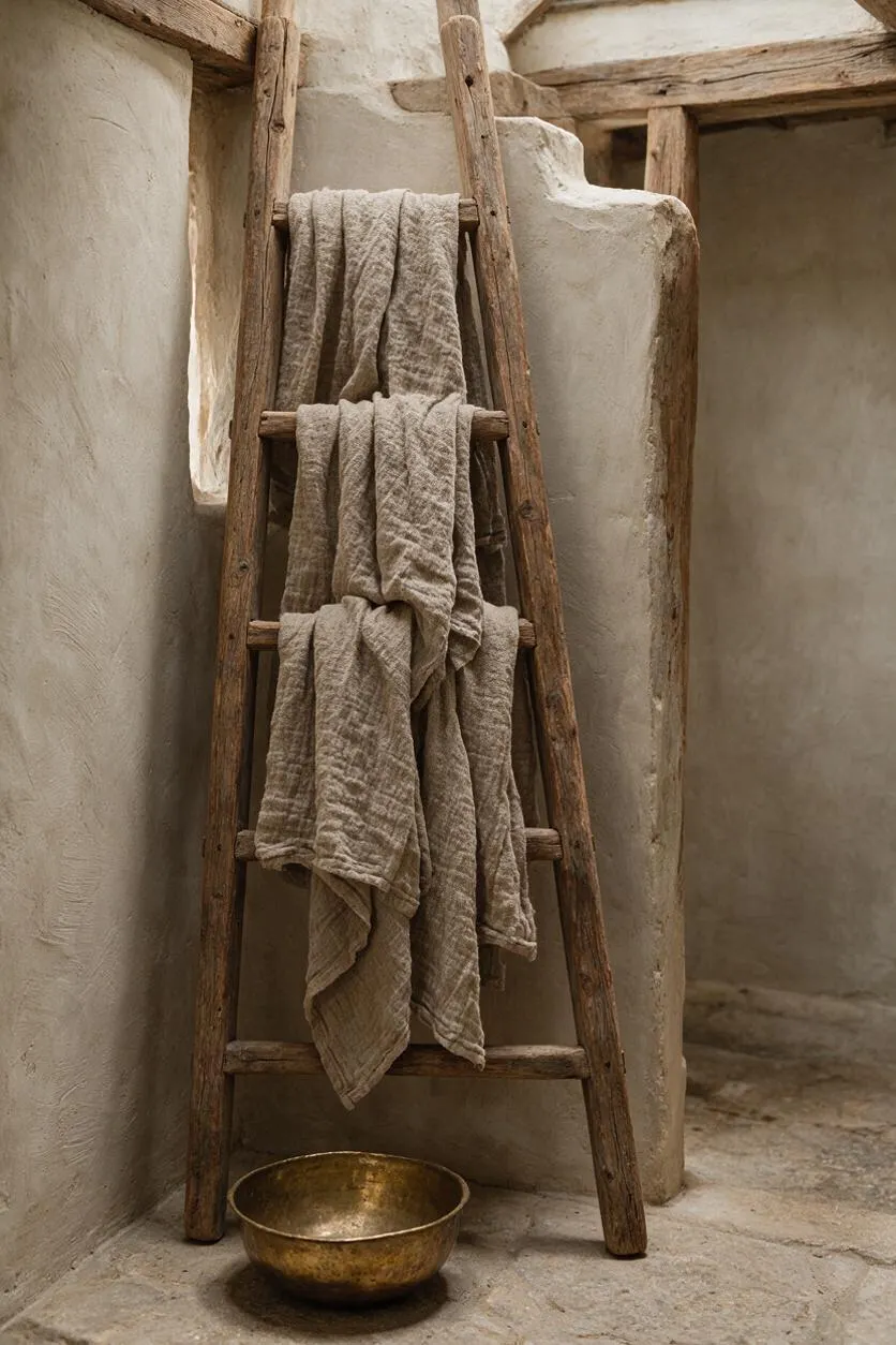 A rustic wooden ladder leans against textured plaster walls, draped with crumpled beige linen towels. A small brass bowl rests on the stone floor below, creating a quiet, minimalist vignette with warm natural tones and handcrafted character.