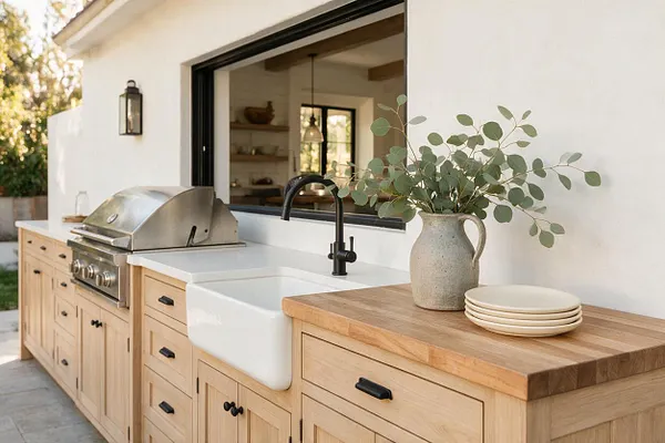 A farmhouse-style backyard outdoor kitchen with light wood cabinets, a white apron sink, a black gooseneck faucet, and a stainless steel grill built into the countertop. A ceramic pitcher with eucalyptus stems and stacked plates sit on the butcher-block island, while a black lantern sconce and a large pass-through window connect the space to the interior.