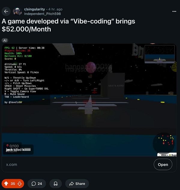 The image displays a screenshot from a game developed through 'Vibe-coding', showcasing gameplay statistics and controls.