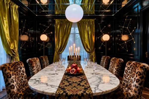 A maximalist dining room features an oval white marble table with a black-and-gold damask runner, crystal goblets, a brass candelabra, and pomegranates at the center, surrounded by eight leopard-print faux fur chairs. Glossy black lacquered paneling painted with gold constellations, chartreuse satin drapes over sheer curtains, a mirrored ceiling, and globe lighting bathe the space in warm reflections, creating a glamorous, theatrical atmosphere.