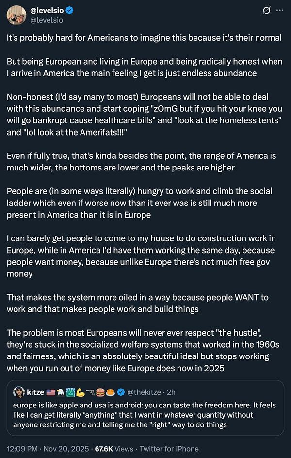 A Twitter post discussing the differences between American abundance and European scarcity, featuring a conversation about work ethics and social systems.