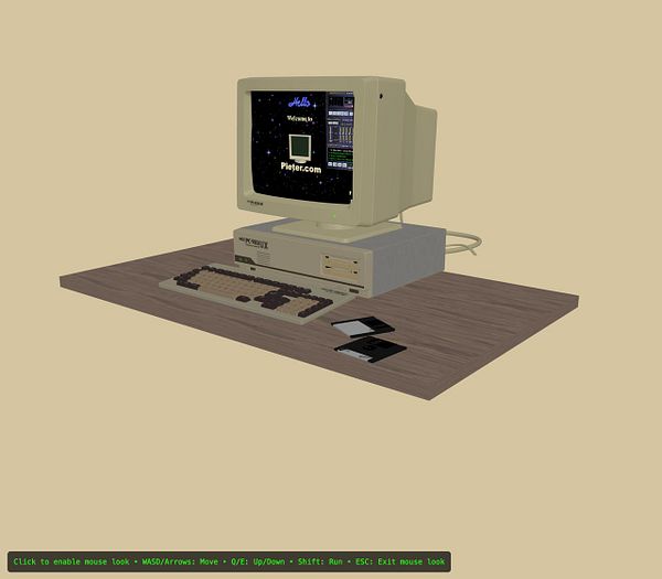 A vintage computer setup displayed on a wooden table in a 3D environment.