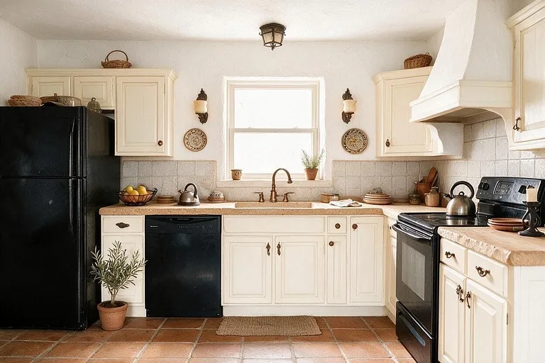 A Mediterranean kitchen in the Neutral Kitchen palette: warm white, cream, greige, light oak, and bronze