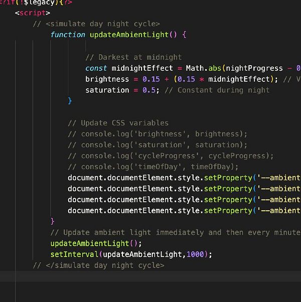 The image displays a code snippet for simulating a 24-hour day-night cycle in JavaScript.