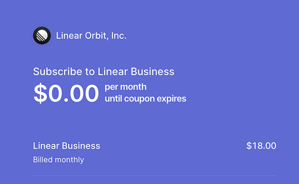 Screenshot of a mobile or tablet app interface showing a list of tasks related to a personal project and a timer running on the task titled 'Sub to Linear business w Stripe discount'.