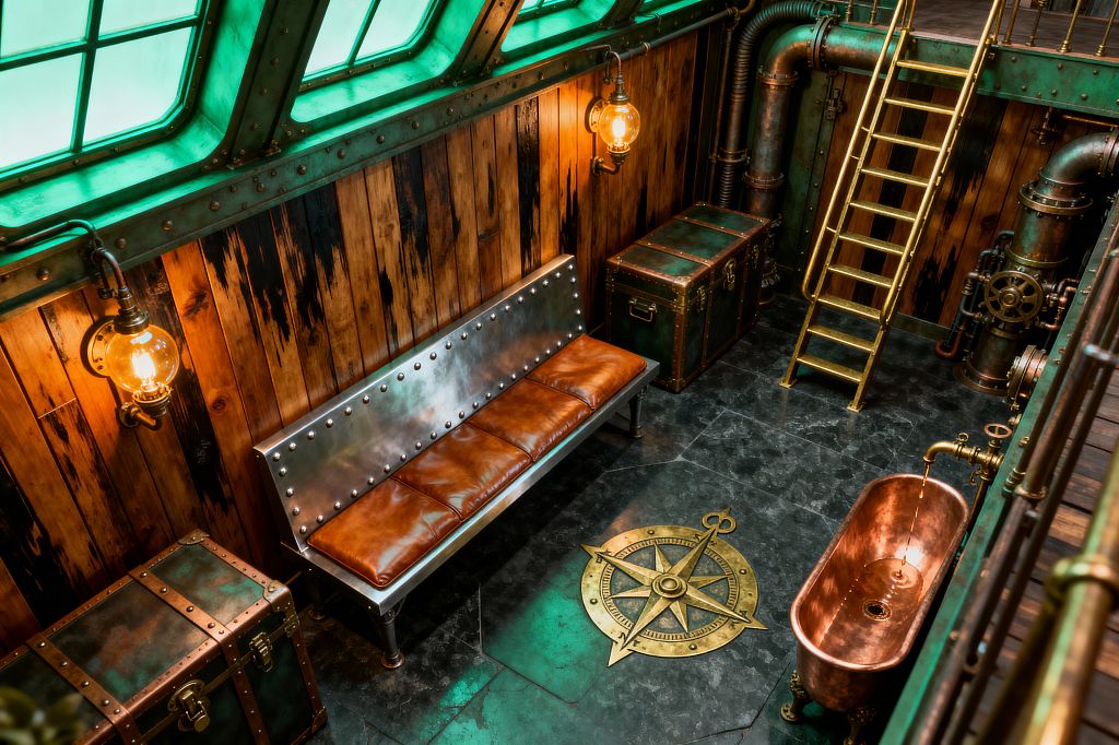 A steampunk mudroom features weathered wood walls, riveted steel trim, and green‑tinted windows above a metal bench with brown leather cushions and patinated trunk storage. Exposed brass pipes and a ladder frame a dark stone floor with a brass compass inlay, while globe sconces warm a polished copper tub and industrial valves, creating a nautical workshop atmosphere suited to entry, rinse, and gear drop.