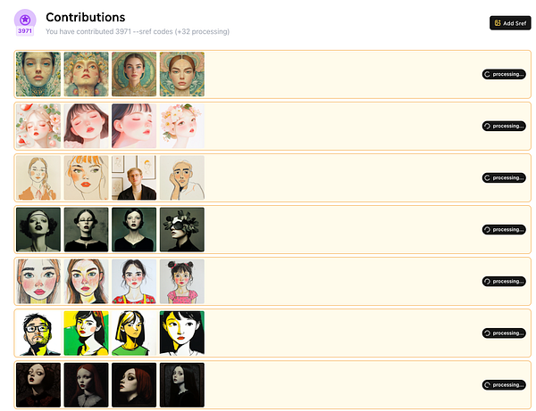 A grid of artistic portraits with a processing status indicator.