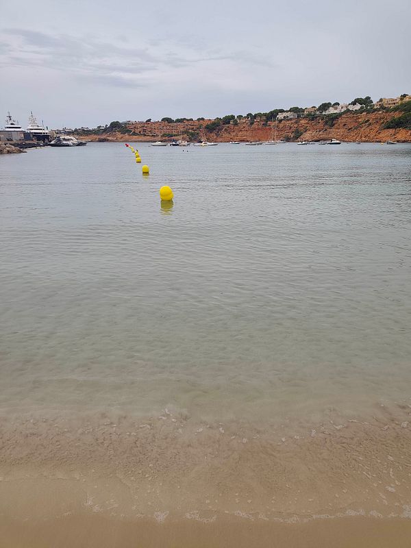 Calm seaside view with yellow buoys marking a swimming area, boats in the distance, and houses on a rocky coastline under a cloudy sky.
