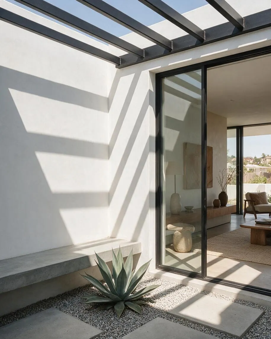 A modern exterior courtyard with white stucco walls, a black metal pergola overhead, and large sliding glass doors opening to a warm, minimal interior. Gravel, concrete stepping stones, and a sculptural agave create a clean, drought-tolerant landscape.