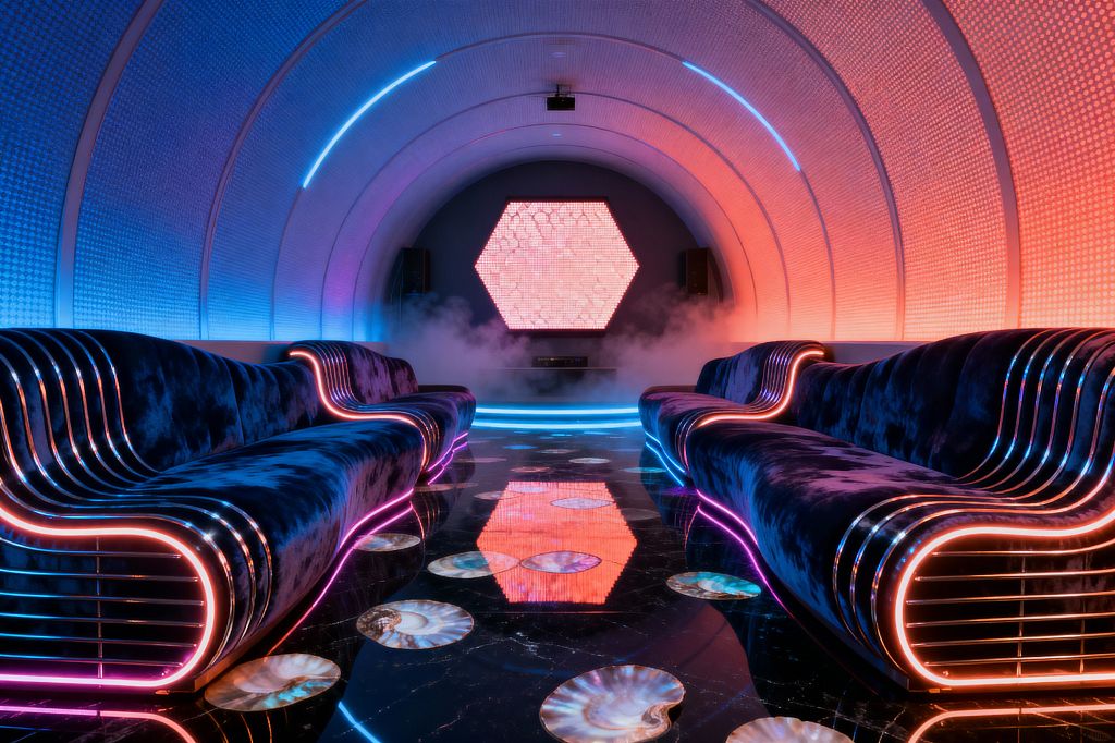 A futuristic media room with a tunnel-shaped ceiling glows in a blue-to-coral gradient, its perforated panels and curved LED arcs illuminated. Two long, sinuous midnight-blue velvet sofas with chrome ribbed sides and integrated neon face a hexagonal LED screen; side speakers, low fog, and a glossy black floor with nautilus shell inlays create a reflective, immersive atmosphere.