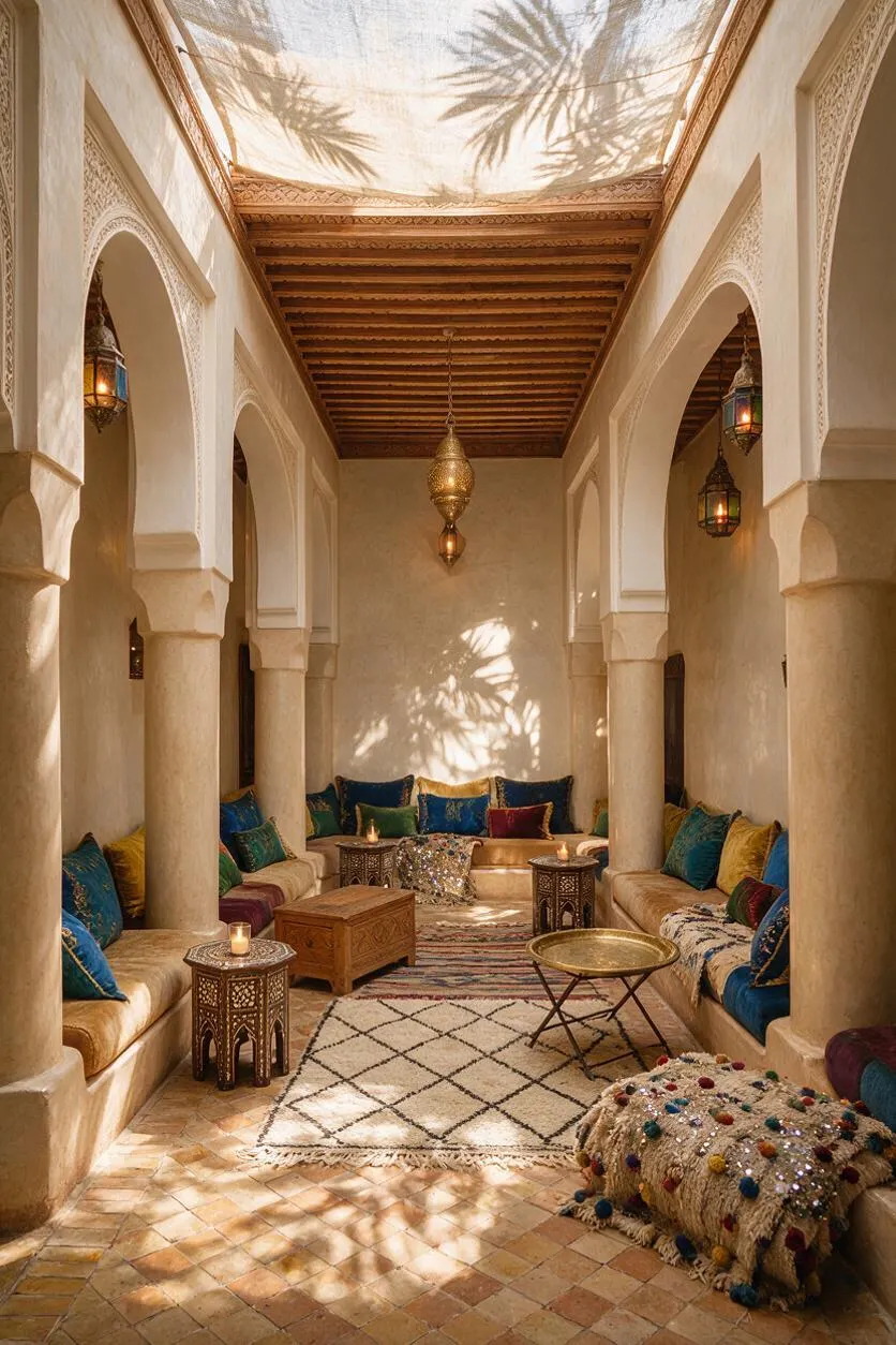 A narrow Moroccan-style courtyard lounge with cream plaster arches, carved details, and thick cylindrical columns. Long built-in benches line both sides, layered with jewel-toned cushions, lanterns, patterned rugs, brass tables, and a translucent roof casting palm-frond shadows overhead.
