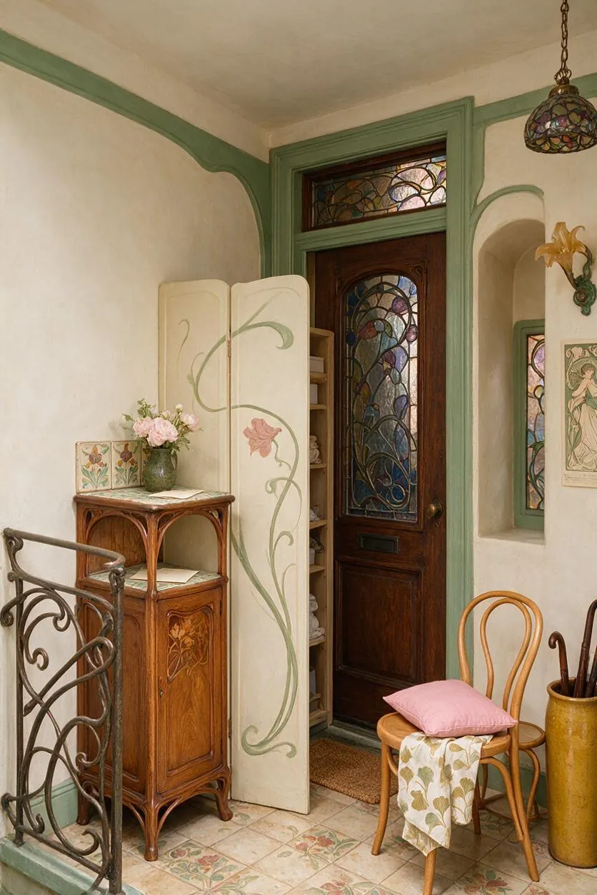 A narrow front porch styled in Art Nouveau design features a dark wooden door with stained glass, mint green trim, and hand-painted floral details on cream walls. The space includes a carved wooden cabinet, bentwood chairs with soft pastel accents, and decorative wrought iron railing and lighting.
