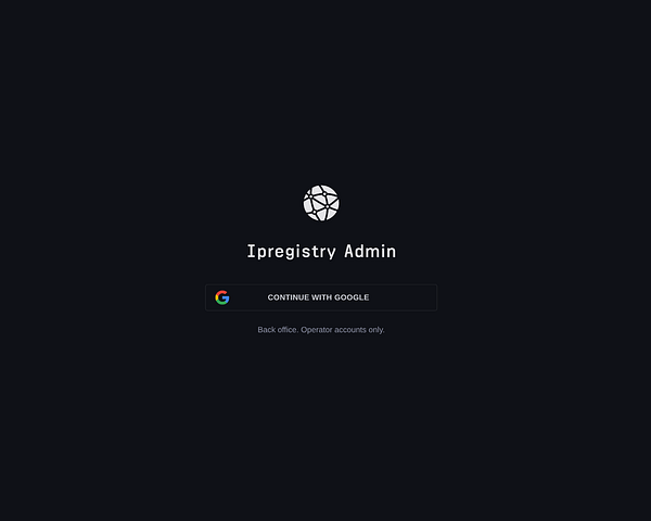 Admin dashboard web interface showing IP registry and related analytics data.