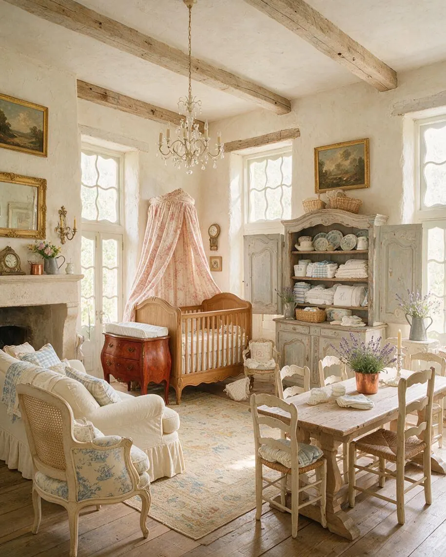A bright French Country nursery with exposed wood ceiling beams, tall windows, and cream plaster walls. The room includes a carved wooden crib under a pink floral canopy, an antique cabinet with folded linens and dishes, a chandelier, a fireplace, and a rustic children’s table with small chairs.