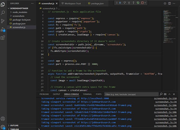 The image displays a code editor with JavaScript code for a screenshot-taking service.