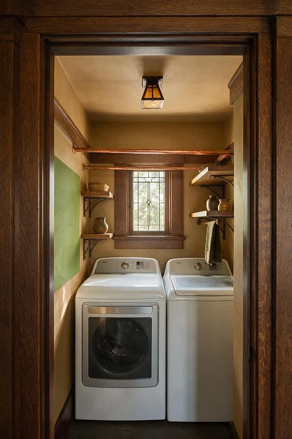 A narrow Craftsman-style laundry room with a front-load washer and top-load washer side by side beneath a small leaded-glass window. Dark wood trim, copper hanging rods, floating wood shelves, and warm beige and green walls create a cozy, traditional look.