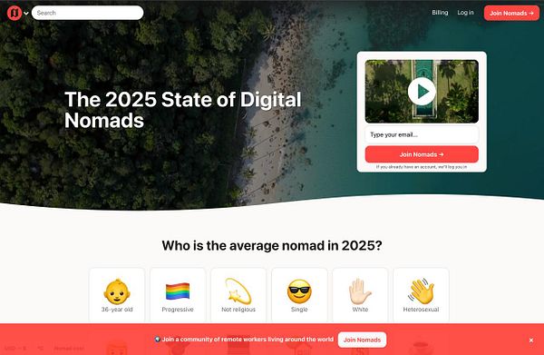 The image displays a webpage titled 'The 2025 State of Digital Nomads' with a vibrant design and interactive elements.
