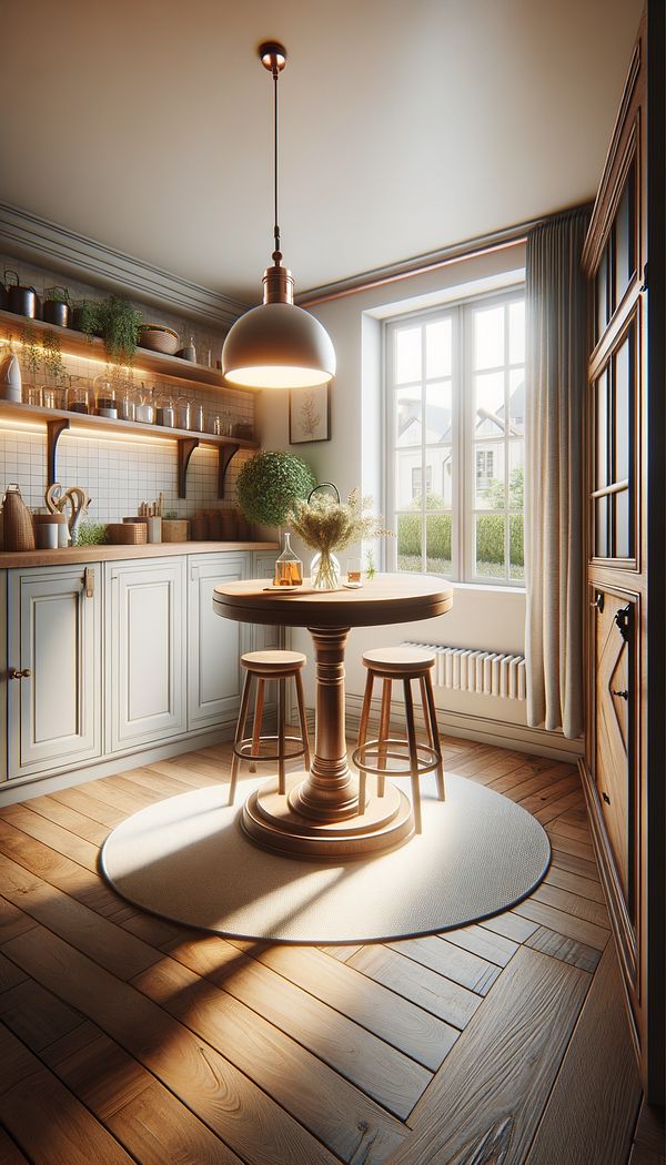 a tall, round pub table set in a cozy room corner with surroundings that indicate it’s part of a home setting, such as a kitchen or a small dining area