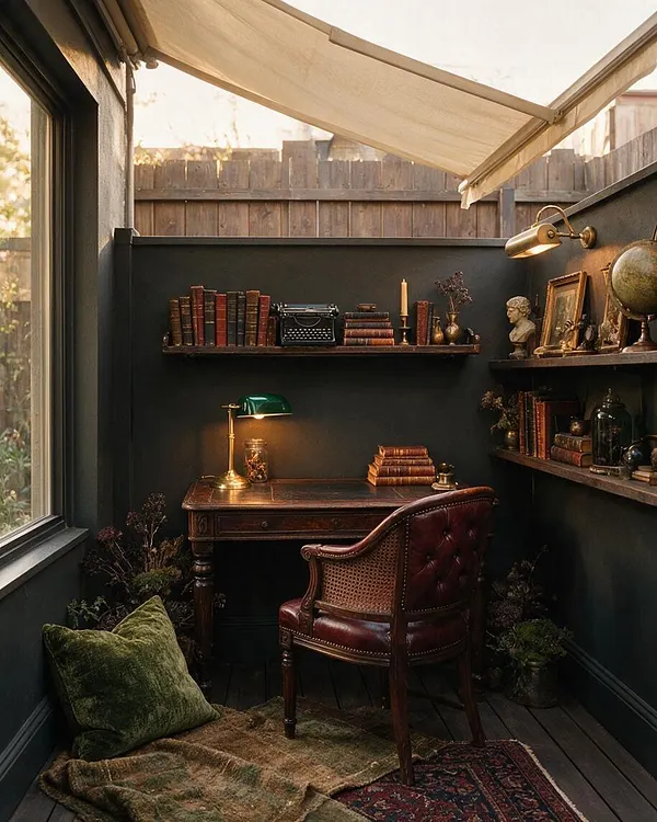 A narrow backyard nook styled like a dark academia study, with deep charcoal walls, dark wood shelves lined with old books, a vintage writing desk, and a burgundy leather chair. A cream awning filters warm daylight over layered rugs, green velvet, brass lighting, and classical decor.