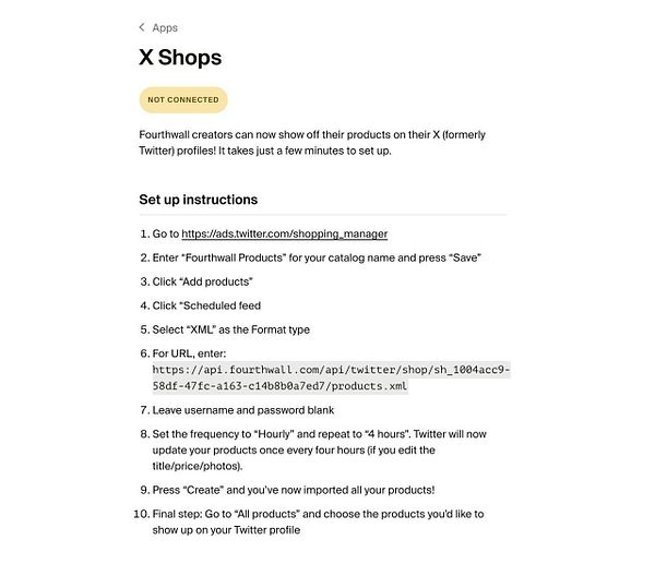 The image displays setup instructions for integrating Fourthwall products into X Shops on Twitter.
