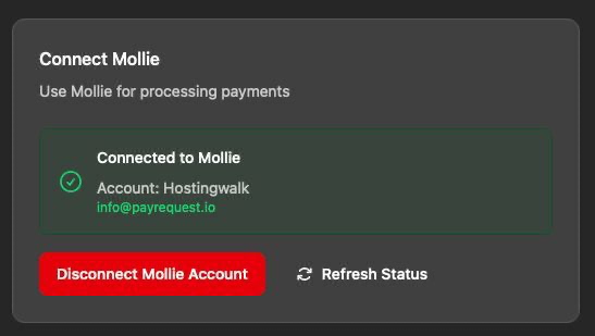 The image displays a user interface for connecting a Mollie account for payment processing.