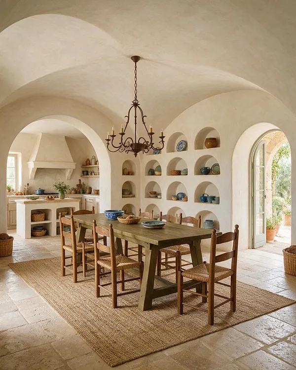 A Mediterranean-style dining room with a large rectangular wooden table and woven-seat chairs centered on a natural jute rug. The room features white plastered walls and curved ceilings, built-in arched niches filled with pottery, a wrought-iron chandelier, and an open arched doorway leading to a sunlit courtyard.