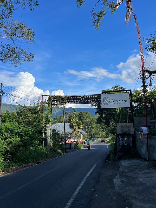 A scenic road entrance to Kintamani, framed by lush greenery and a clear blue sky.