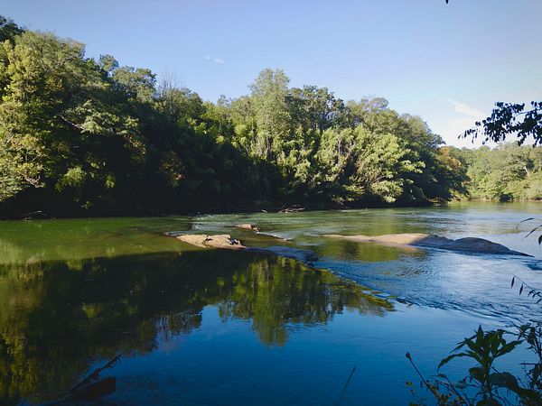 A calm river flowing through a forested area with clear reflections of trees on the water.