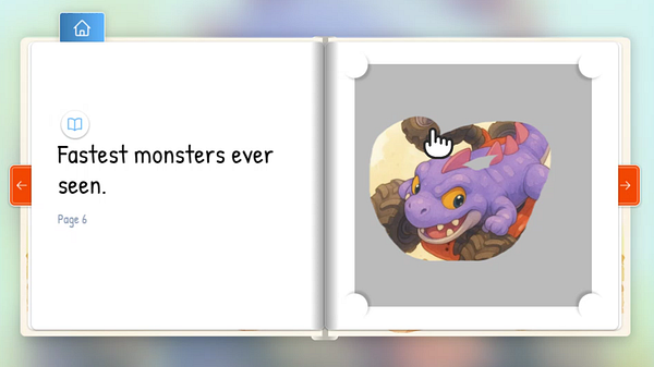 An illustrated page from a digital book featuring a purple monster and text about fast monsters.