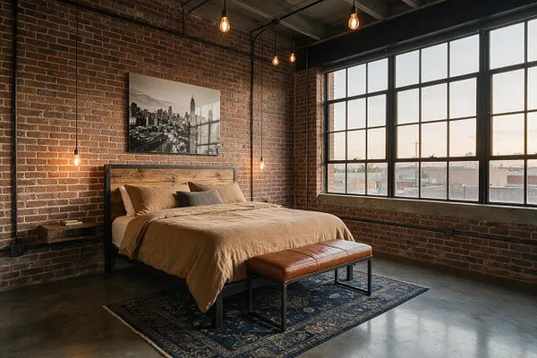 A guest bedroom in an industrial loft style with exposed red brick walls, a black metal bed frame, and large factory-style windows filling the room with natural light. The bed is dressed in warm tan bedding, with a leather bench at the foot and hanging Edison bulbs overhead.