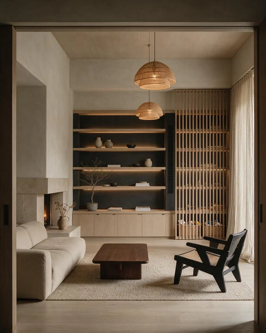 A serene Japandi living room with a low beige sofa, dark wood coffee table, and black lounge chair on a textured rug. Built-in shelving with warm backlighting, woven pendant lights, a stone fireplace, and a slatted wood divider create a calm, natural interior.