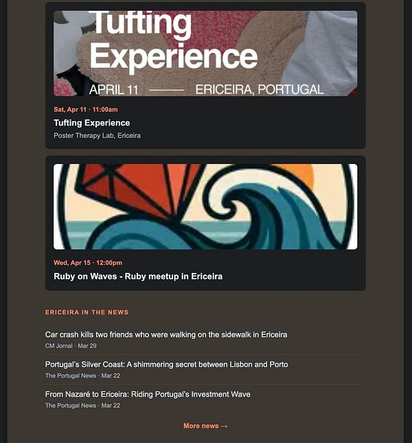 A newsletter titled 'ericeira.com' featuring images and text about Ericeira's ocean and lifestyle.