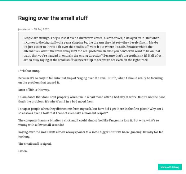A reflective post discussing the tendency to focus on minor frustrations instead of underlying issues.