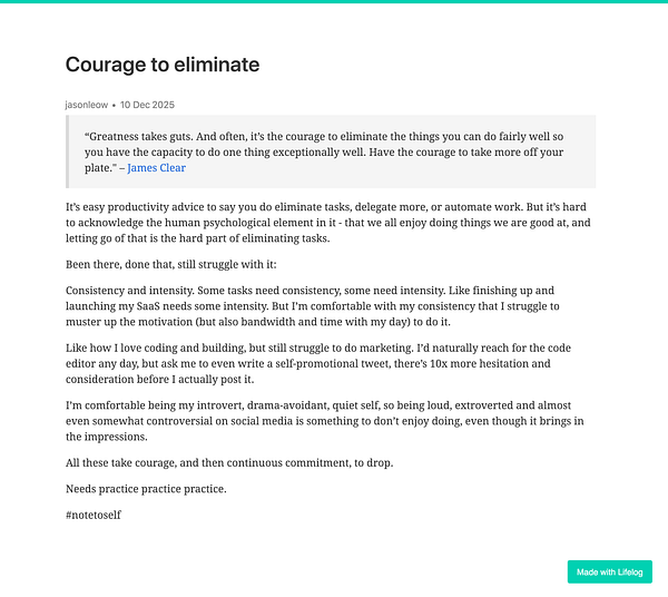 A reflective post discussing the challenges of eliminating tasks and the courage required to do so.