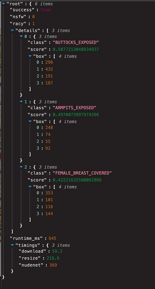 The image displays a JSON response from an API related to image classification results.