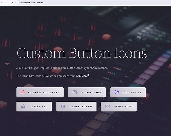 The image displays a webpage titled 'Custom Button Icons' featuring a dark background with colorful button icons and descriptive text.