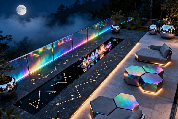 A nighttime patio overlooks a misty landscape beneath a full moon. A glass railing glows with aurora-like rainbow LEDs. At center, a long rectangular fire feature sits in glossy black glass, its flames dancing around tall iridescent crystal prisms. Gold constellation inlays run across dark stone surfaces. Three hexagonal iridescent tables and two low gray lounge chairs with metal bases are underlit with warm light. Large polished metal planters punctuate the perimeter near trees.