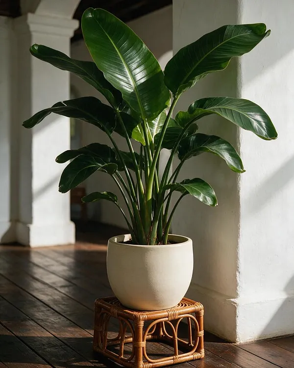 A lush tropical houseplant with large glossy dark green leaves sits in a rounded cream planter on a woven rattan stand. The arrangement is placed on a dark wooden floor beside white stucco walls, with warm sunlight creating soft shadows across the space.