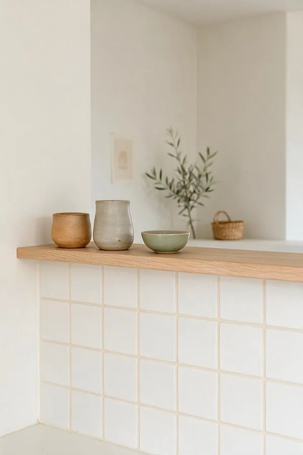 A softly lit Scandinavian-style nook with a light oak shelf above white square wall tiles. Three handmade ceramic vessels in warm tan, gray, and pale green sit on the shelf, while a small olive branch and woven basket add natural texture in the background.