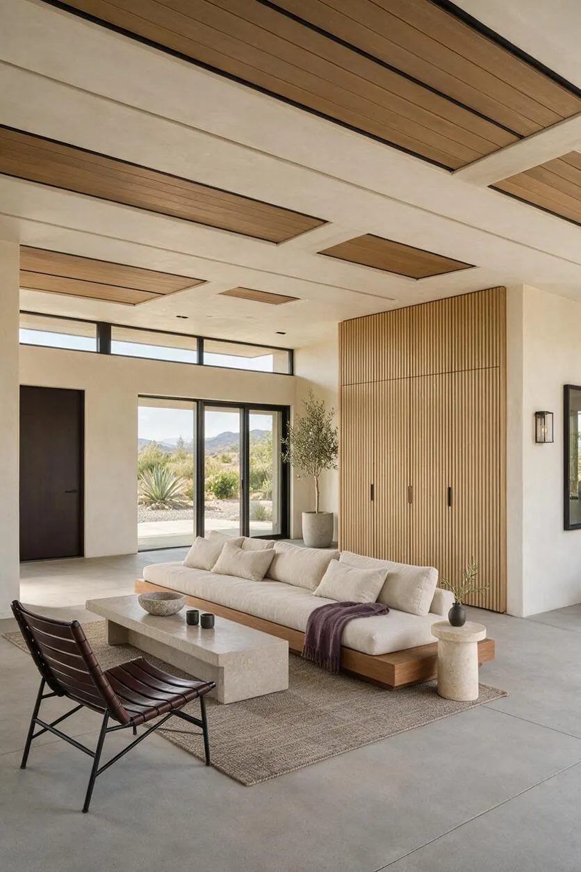 A modern front porch with a long low sofa upholstered in light neutral fabric, a concrete coffee table, and a dark leather chair on a textured rug. The space features pale plaster walls, a wood-slat ceiling and storage wall, black-framed glass doors, and desert views beyond.