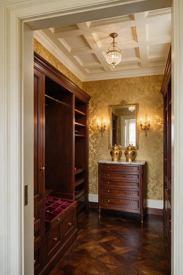 A traditional walk-in closet with dark cherry built-ins, gold damask wallpaper, and a coffered white ceiling with a small crystal chandelier. A marble-topped chest sits against the far wall beneath a framed mirror and wall sconces, while the herringbone wood floor adds warmth and formality.