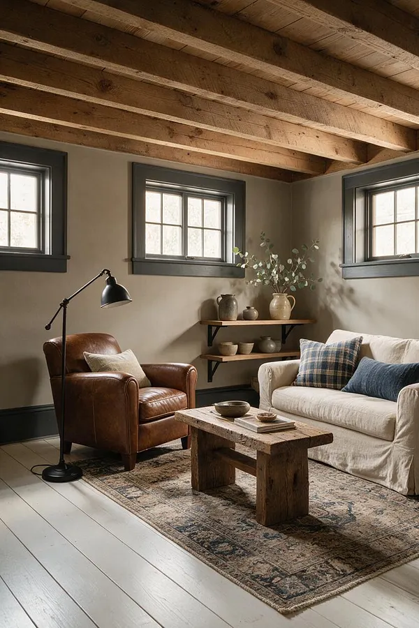 A warm farmhouse-style basement sitting area with exposed natural wood ceiling beams, three small multi-pane windows with dark trim, a leather armchair, a cream sofa, and a rustic wood coffee table on a patterned area rug. Built-in wall shelves display pottery and greenery, while a black floor lamp adds a simple industrial touch.
