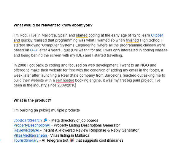 The image features a detailed text about an individual's background in coding and their current projects.